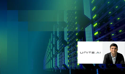 Rows of illuminated data center server racks in blue and green, with a Unite.AI branded panel featuring Balaji Sreenivasan