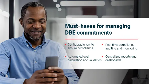 Visualization of software solution improving DBE compliance tracking, reporting, and transparency in public projects.