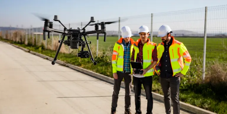 Drone capturing aerial data on a construction site to improve monitoring, safety, and project visibility