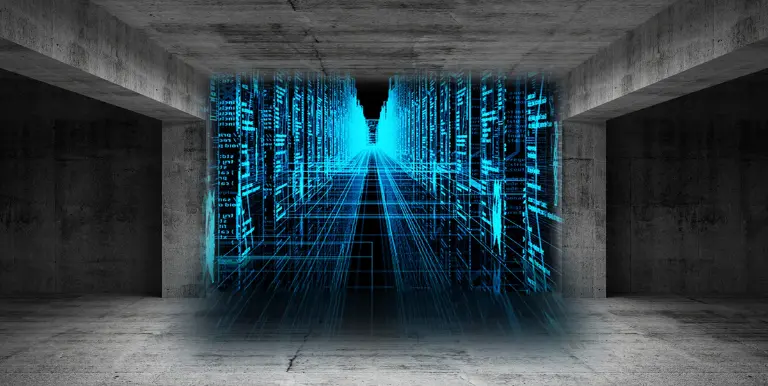 Digital data tunnel in a concrete space, symbolizing smart infrastructure, connected systems, and AI-driven digital transformation.